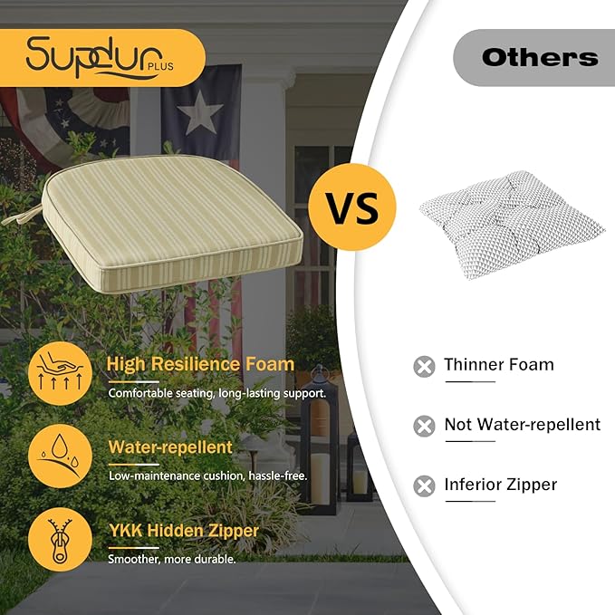 Outdoor Round Corner Seat Cushion, 17"x16"x2", Set of 4, Non Slip Seat Cushion Pads with Removable Cover for Patio Furniture, Garden Yard Lawn, Beige Brown Stripe