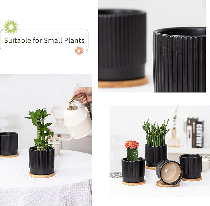 AOMRYOM 4.25 Inch Small Garden Ceramic Plant Pots with Drainage Holes and Tray, Modern Flower Planter Pots for Indoor Plants, Succulent, Cactus and Herbs, Black Stripe, Set of 4 (Plant Not Included)