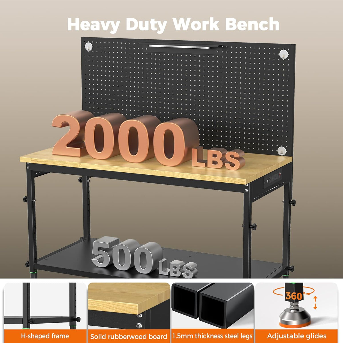 48" Heavy Duty Work Bench Adjustable Height Max Load 2000 LBS with Storage Shelf for Garage Workbench, Rubberwood Tabletop with Pegboard, LED Light, Built-in Power Strip for Woodworking Shop