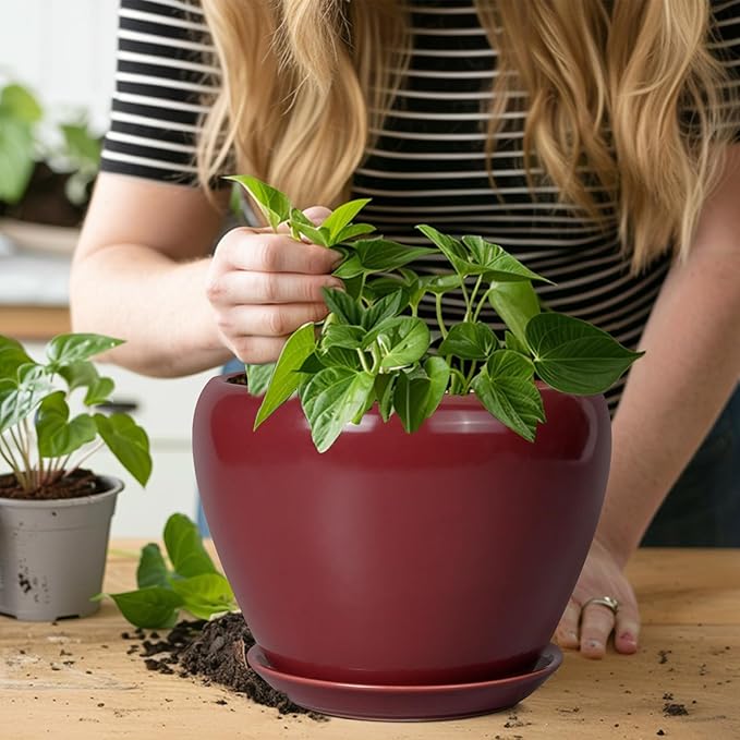 Ceramic Planter - 8 Inch Plant Pot Indoor with Drainage Hole and Saucer Planter for Outdoor Plants Round Flower Pot for House Patio Decor Red