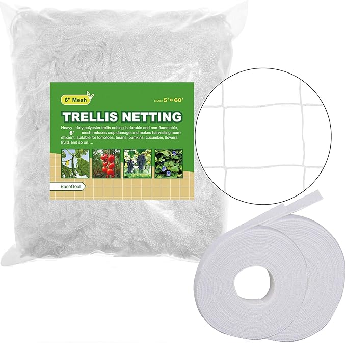 All-Weather Trellis Netting Mesh Plant Garden Vine Growing Flexible String Net (6" Mesh ployester, 5' Wx 60'L)