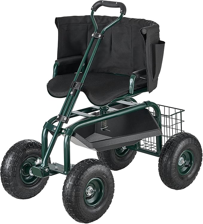VEVOR Rolling Garden Seat with Wheels, Gardening Stool with Height Adjustable & 360°Swivel Seat, Ergonomic Backrest & Tool Storage, 400lbs Weight Capacity, Garden Scooter Wagon Cart for Yard, Patio