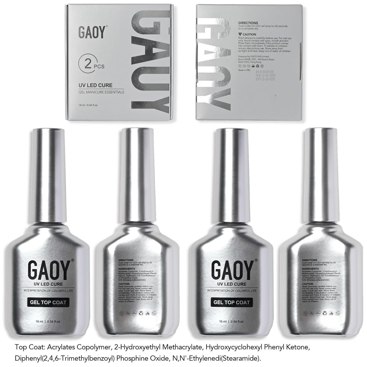 GAOY 2 Pcs 16ml No Wipe Gel Top Coat, Glassy Clear Gel Top Coat, High Gloss Finish for UV Light Cure Nail Polish