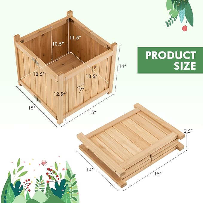 GRAFFY Raised Garden Bed, Folding Wood Planter Box w/Removable Bottom & Drainage, Indoor Outdoor Square Elevated Planter for Flower Herb Vegetable Fruit, Plant Container for Grass Lawn Patio Backyard