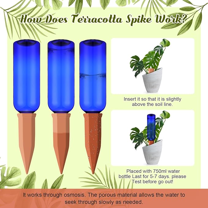 12 Pack Plant Watering Devices Include 6 Terracotta Self Watering Spikes and 6 Pcs 26 oz Plastic Bottles, Slow Release Vacation Insert Automatic Plant Waterer Device (Blue)
