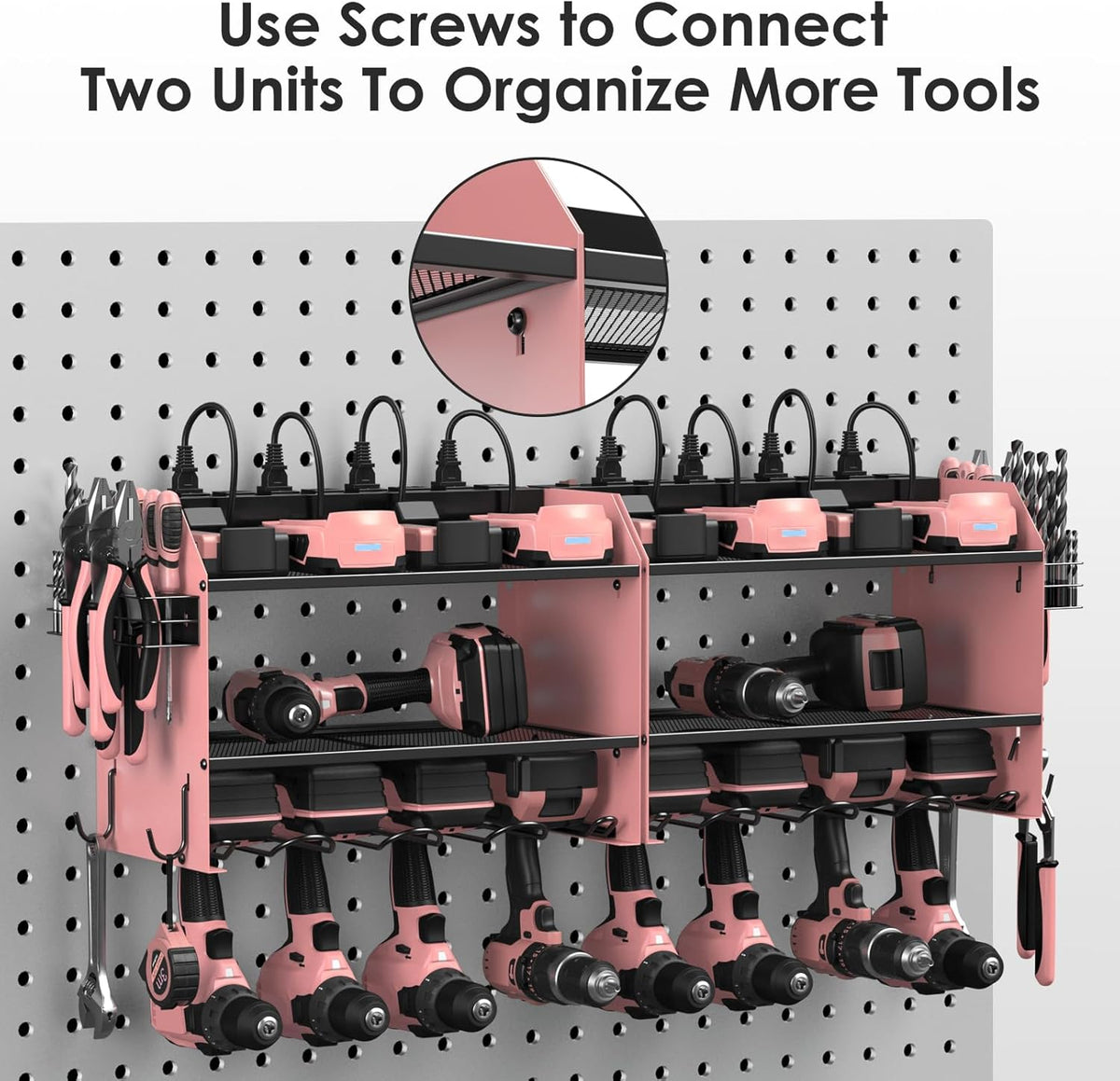 CCCEI Modular Power Tool Organizer Wall Mount with Charging Station. Garage 4 Drill Storage Shelf with Hooks, Drill Bit Heavy Duty Rack, Pink Tool Battery Holder Built in 8 Outlet Power Strip.
