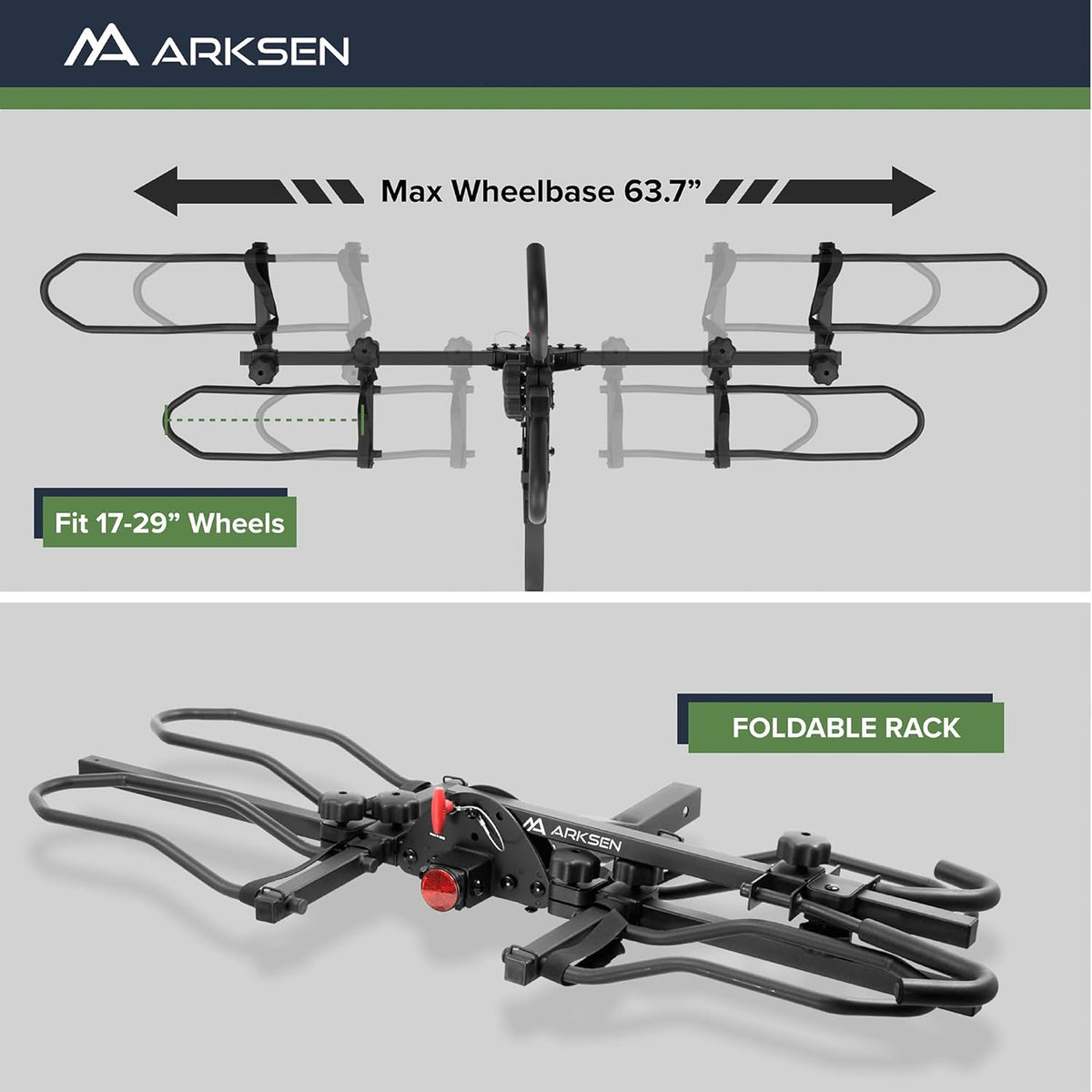 Arksen Hitch Mounted Bike Rack Smart Tilting 2-Bike Platform Style 150 lbs Capacity Carrier for Standard, Fat Tire and Electric Bicycle Fits SUV Pickup Truck RV Camper - 2 inch Receiver