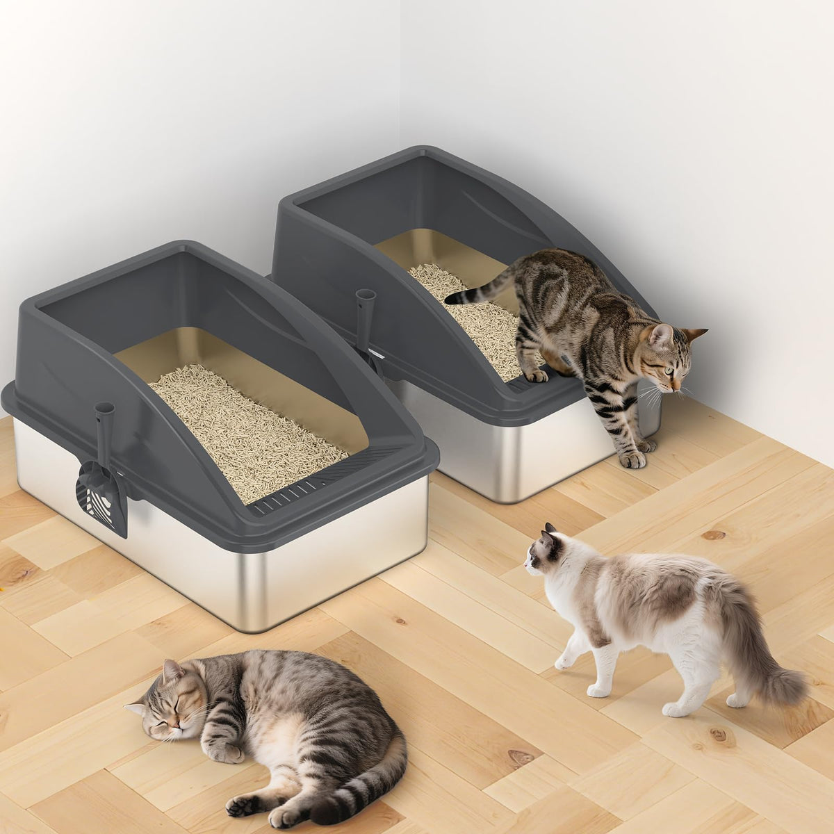 2 Pack Stainless Steel Litter Box | XL Enclosed Cat Litter Boxes with Lid for Big Cats and Multi-Cats | High Sided, Anti-Urine Leakage | Non-Stick Bottom(Dark Gray)