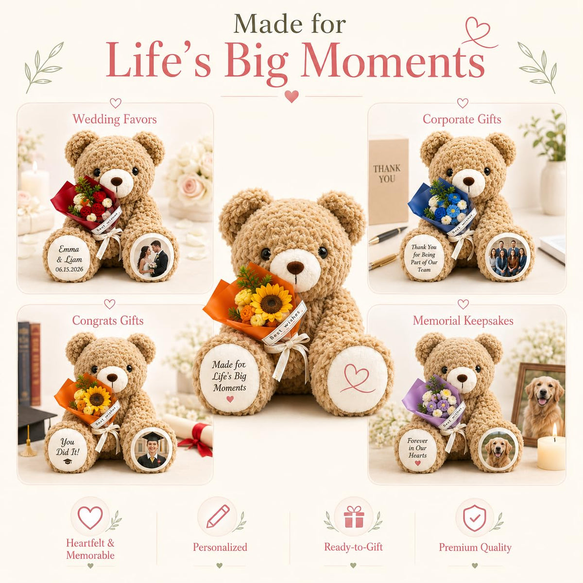 Customizedbee Personalized Teddy Bear with Flower, Soft Plush Gift 10/13"