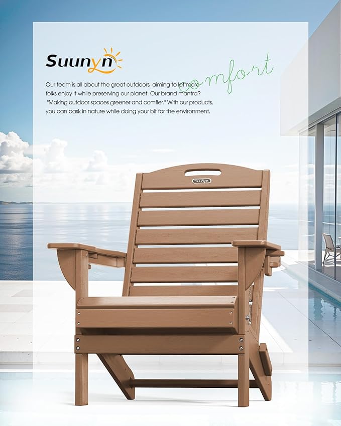Folding Adirondack Chair HDPE All-Weather Adirondack Chairs with Cup Holder, Outdoor Fire Pit Chairs Lawn Chair for Deck Patio Garden (Teak)