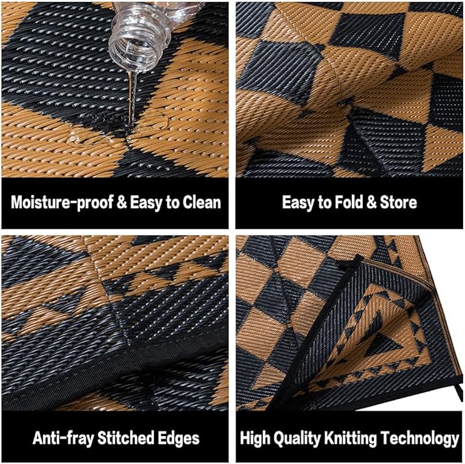 Outdoor Waterproof Rug 8'x10' Plastic Straw Rugs Washable Reversible Floor Mat Brown Plaid Carpet for Camping RV Deck Entryance Porch Picnic Balcony Beach Backyard