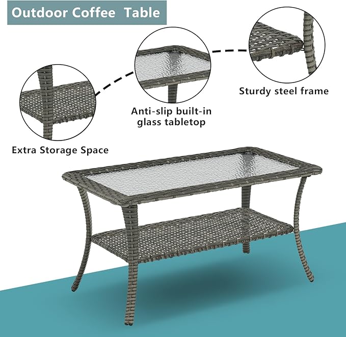 Patio Tables Outdoor Coffee Table - Wicker Rattan Coffee Tables with 2-Tier Storage Shelf Glass Top for Outside Proch Deck Balcony Garden Rectangle Mixed Grey