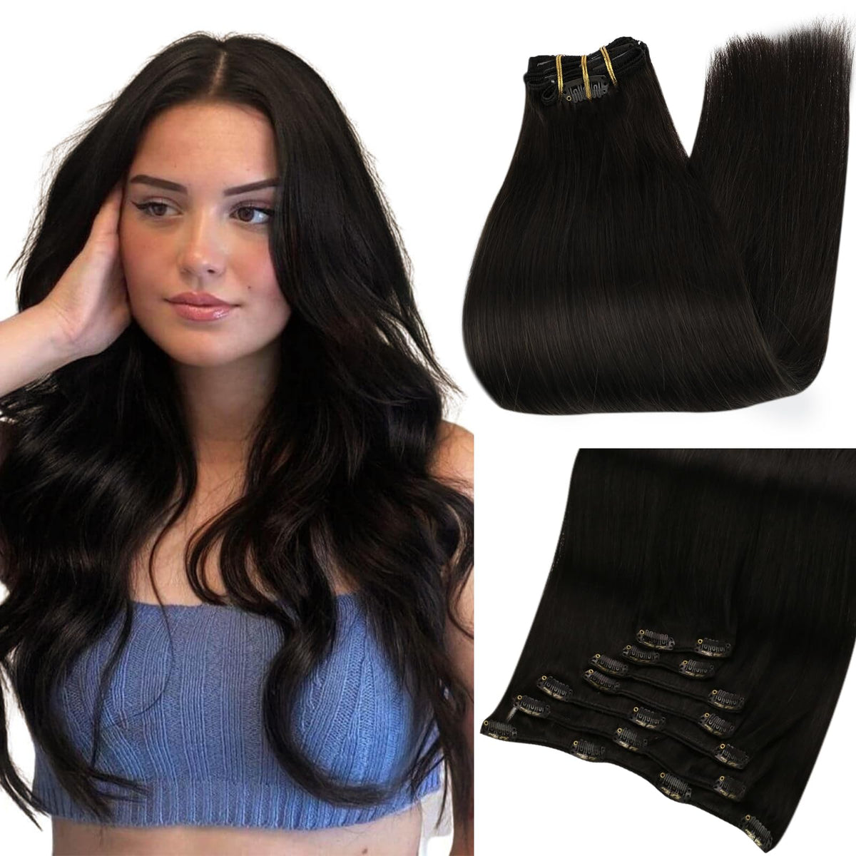 Full Shine Clip In Hair Extensions Real Human Hair Natural Black Hair Extensions Clip Ins Black Clip In Hair Extensions Invisibl