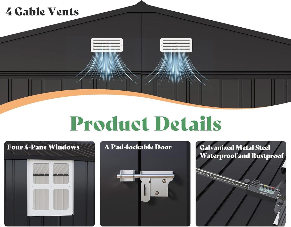 AMERLIFE 13.2x21x8.4 FT Outdoor Metal Garage Shed, Extra Large Storage Shed with Double Hinged Doors, 4 Windows, Carport for Car, Truck, Bike and Lawn Equipment, Dark Grey