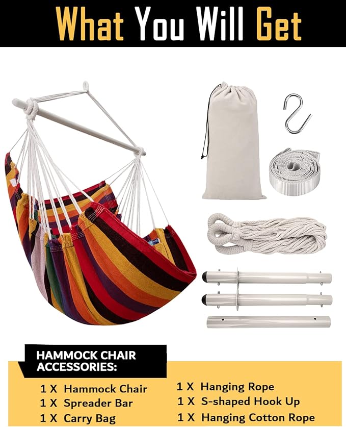 ADVOKAIR Hammock Chair Swing (500 lbs Max) - Hanging Hammock Chair Rope Swing Indoor for Bedroom, Outdoor, Patio, Bedroom, Porch, Deck - Sturdy Steel Bar with Anti-Slip Safety Rings