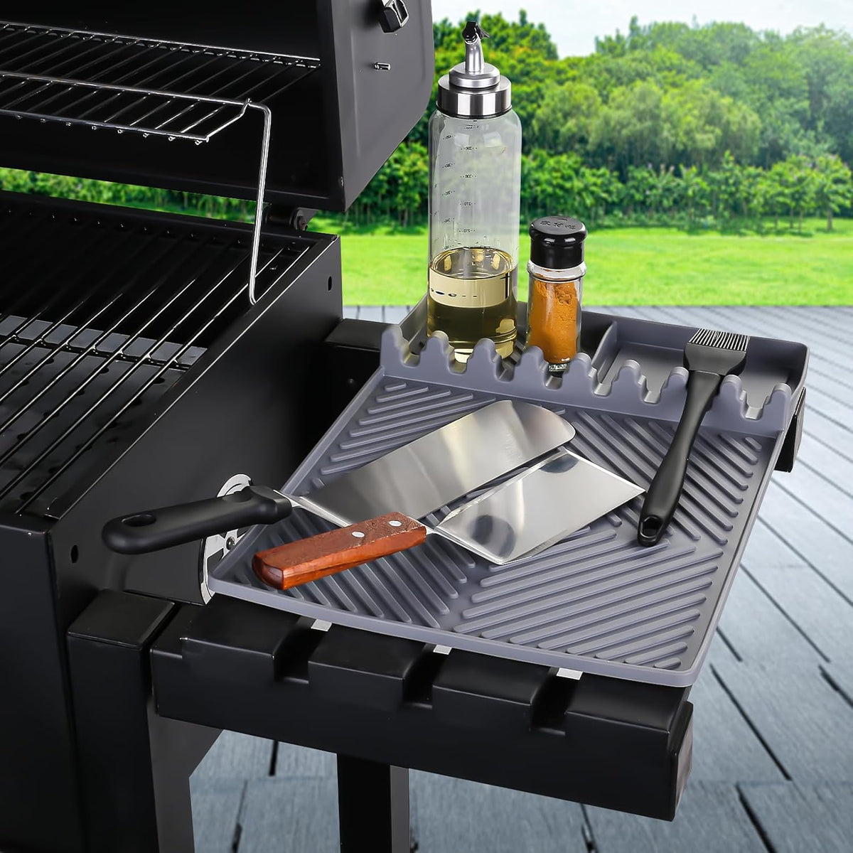 Griddle Mat Barbeque Grill Accessories Tools for Blackstone, Side Shelf Mat Grill Pad for Outdoor Grill Kitchen Counter Spatula Silicone Mat with Drip Pad for Kitchen, Cooking, Countertop (Grey)
