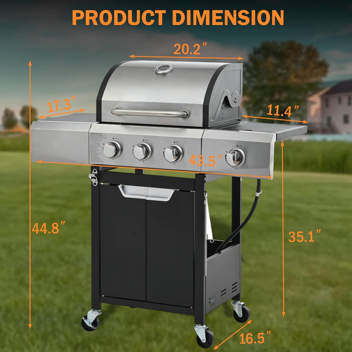 3-Burner Propane Gas Grill with Side Burner, 40,500 BTU Stainless Steel BBQ - Easy Assembly & Grease Management for Patio, Backyard, Camping (3+1Burner No Cover)