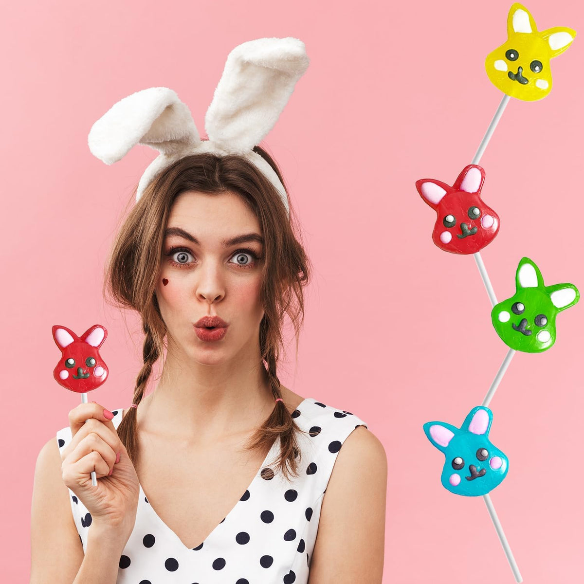 Happy Easter Bunnies Lollipops Suckers, Colorful Easter Eggs, Yellow Bunny Rabbit, Orange Carrot Designs Fat-Free, Individually Wrapped Pops (72-Pack)