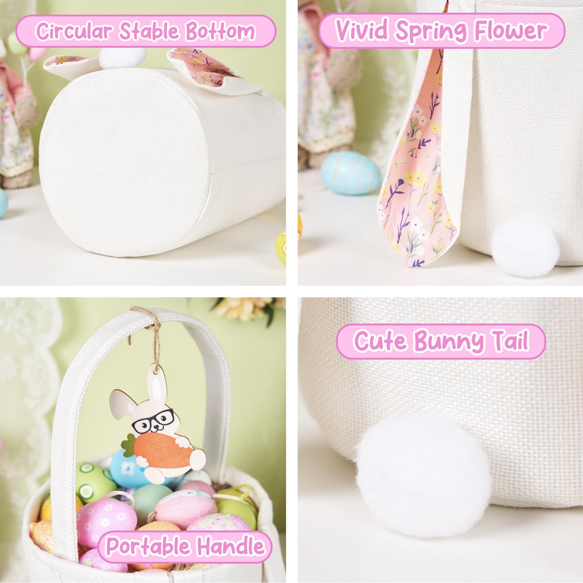 Easter Baskets Set of 2 With Wooden Tag Bunny Egg Basket Gingham Bucket Candy with Handle Tote Reusable Goody Baskets Gifts Bags