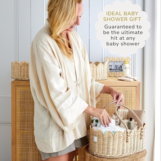Bebe Bask Premium Baby Changing Basket - Artisan-Crafted Scalloped Rattan - Changing Basket for Baby Dresser - All Accessories Included - Complete Set for Nursery (Natural)