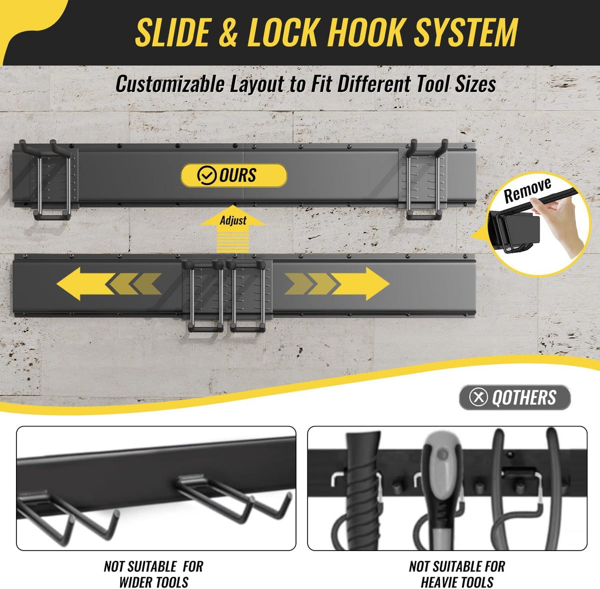 Garage Tool Rack Wall Mount – 64 inches Heavy-Duty Garden Tool Holder with 8 Adjustable Hanging Hooks – Garage Wall Storage Organizer for Shovel, Rake – Max Load 720 lbs (64 inch)