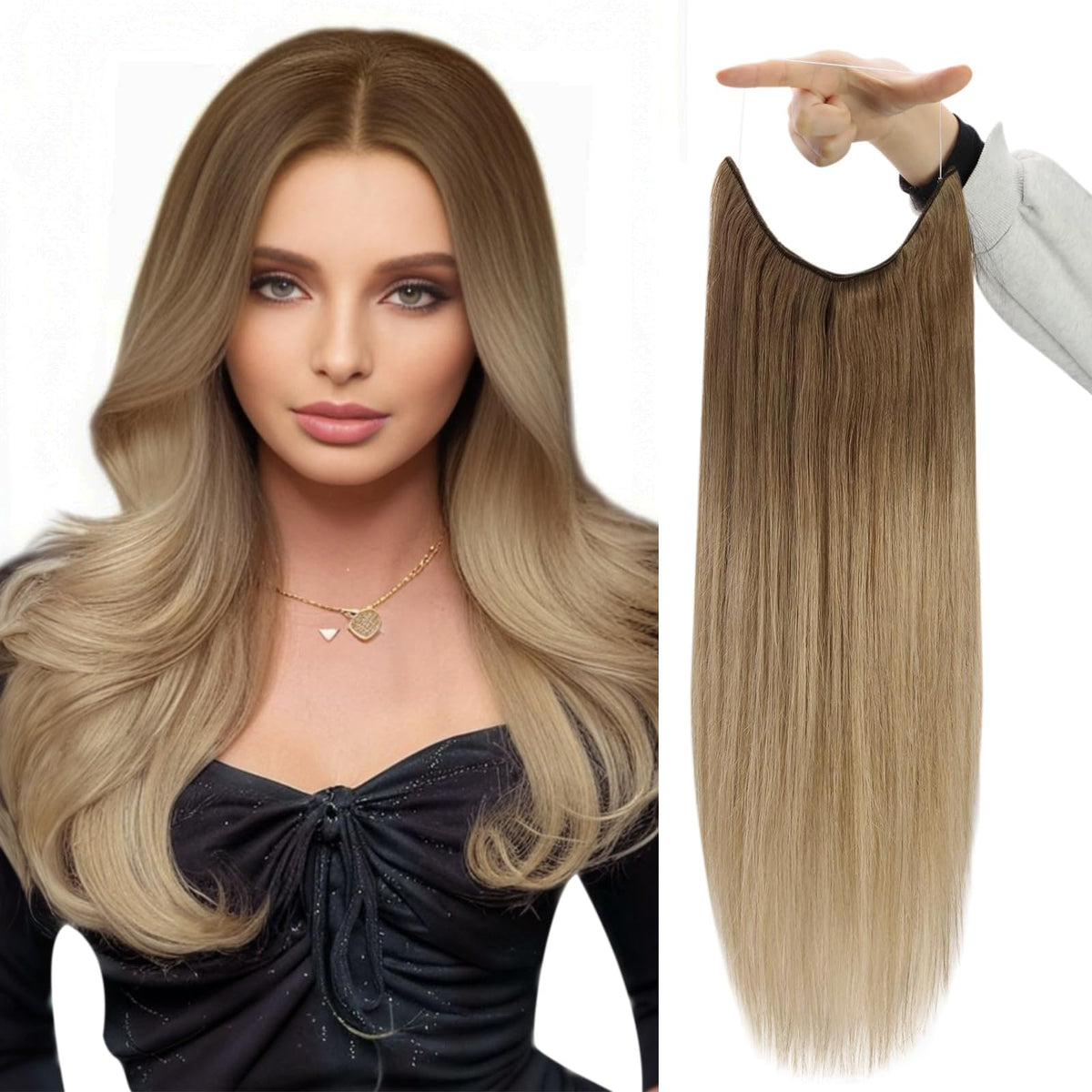 Fshine Invisible Wire Hair Extensions Real Human Hair Ombre 10/14 Brown To Blonde Balayage 12 Inch Fish Line Hair Extension Huma