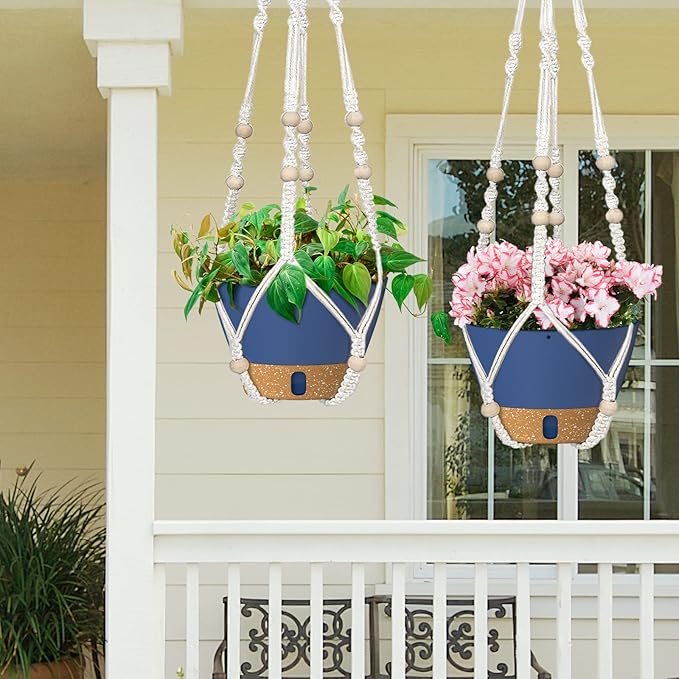 ZMTECH 2 Pack 10 Inch Blue Hanging Planters with Macrame Plant Hanger for Indoor and Outdoor Plants, Self Watering, Drainage Hole, Visible Level Tray