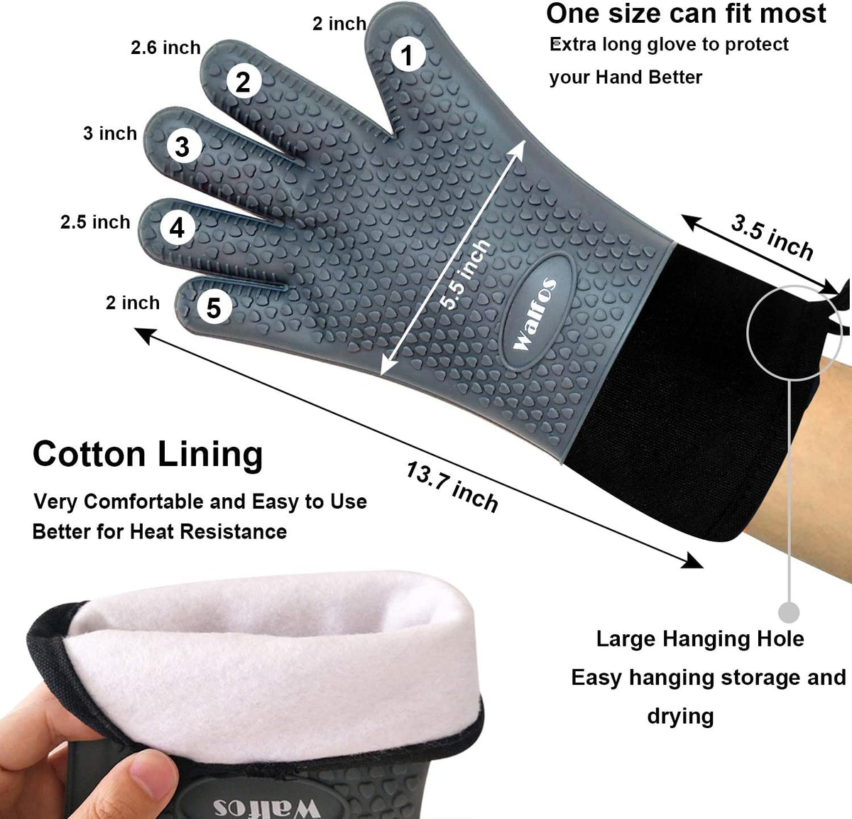 Walfos Silicone BBQ Gloves - Heat Resistant Grilling Gloves, Premium Non-Slip Kitchen Silicone Oven Mitt with Protective Cotton Layer Inside, Waterproof, Great for Grilling, Kitchen and Cooking, Gray