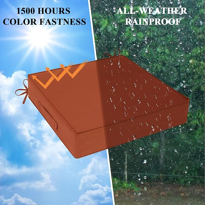 Outdoor Chair Cushions Set of 2 for Patio Furniture 24x24x4 Inch Waterproof Patio Chair Cushion 3 Year Color Fastness Square Elastic Foam Garden Sofa Couch Pads with Ties and Handle,Spice