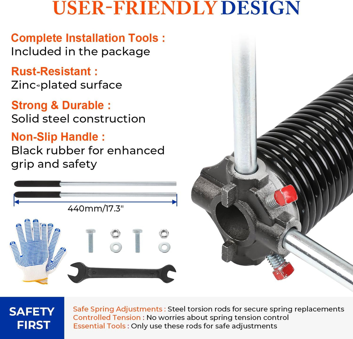 Pair of 2" Garage Door Torsion Springs (0.250'' X 2'' X 30'') with Non-Slip Winding Bars & Gloves, Heavy-Duty Replacement, 18,000 Cycles, High Precision Electrophoresis Black Coated