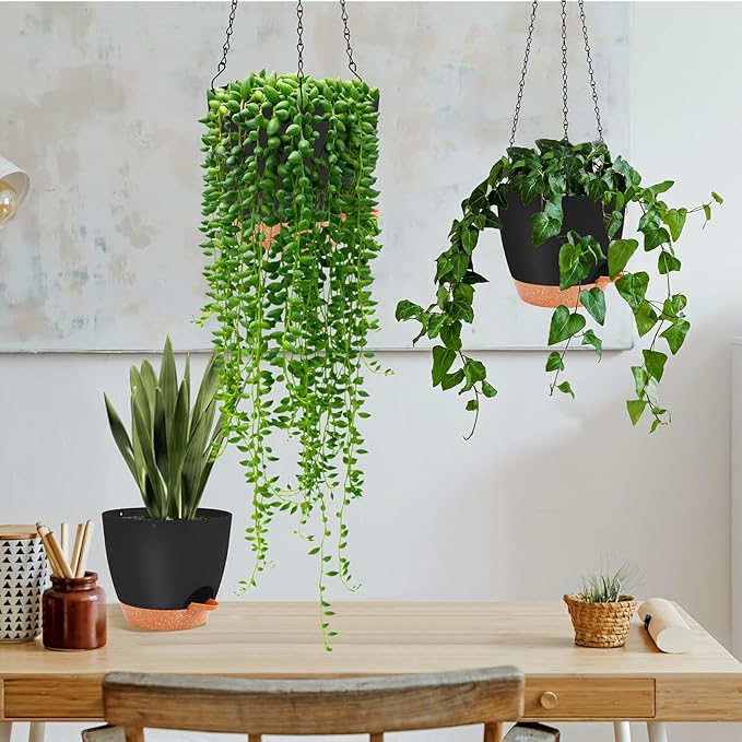 GARDIFE Hanging planters for Indoor Plants, 8 inch Hanging Planter, Self Watering Plant Pot, 2 Pack self Watering Hanging Planter, Black