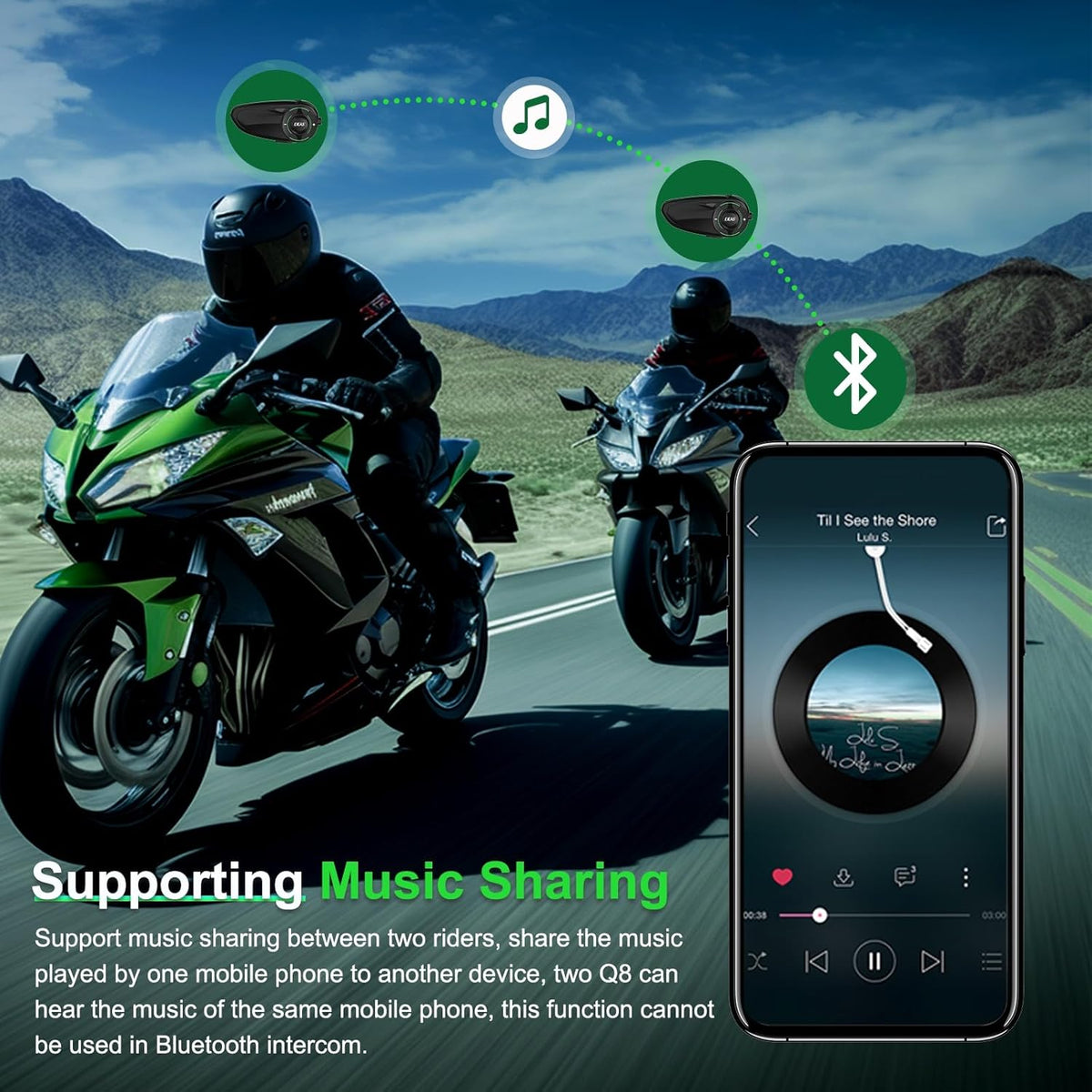 Q8 Motorcycle Helmet Bluetooth Intercom Headset, 230hours Standby, 6 Riders Mesh Communication Systems with Audio Multitasking, Music Sharing, Noise Cancellation, FM Radio, Loud Interphone -1 Pack