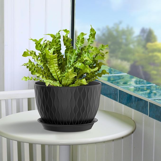Plant Pots 12/10/9 Inch Pots, Set of 3 Plastic Planters with Drainage Holes and Saucers,Plastic Flower Pots,Nursery Planting Pot for Indoor Out Door Plants(Black)