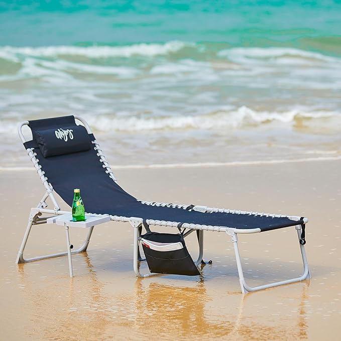 #WEJOY 2 Pack Outdoor Chaise Lounge Chair - Portable Folding Patio Pool Lounge Chair, 5 Positions Adjustable Reclining Camping Chair with Side Table,Shoulder Strap, Pillow for Beach Sunbathing Lawn