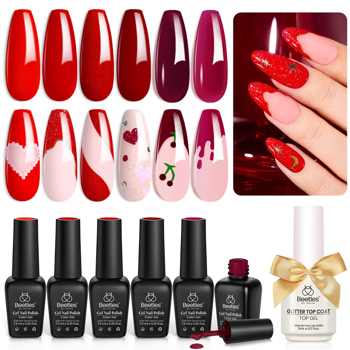 Beetles Red Gel Nail Polish Set With Top Coat, 6 Colors Popular Shimmer Red Burgundy Gel Polish Kit Nail Art Design Soak Off Uv