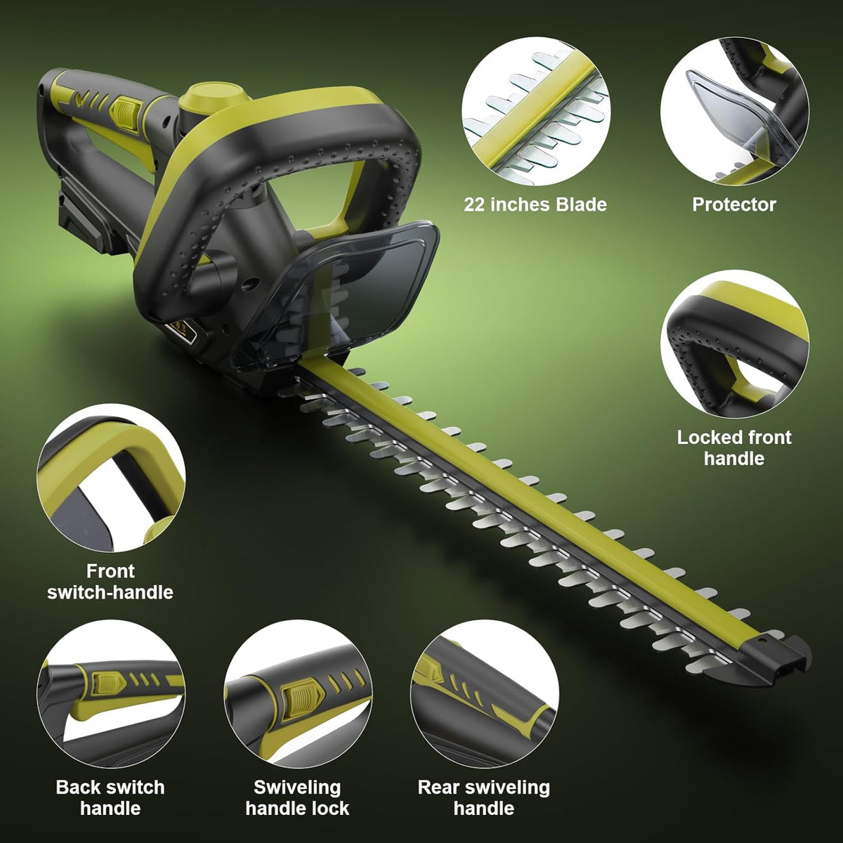 Hedge Trimmer for Dewalt 20V Battery, Cordless Hedge Trimmer with 22'' Dual-Action Blade, 1600RPM, 3/5'' Cutting Width, Rotatable Handle & Dual-Switch Design (Battery Not Included) (Green)
