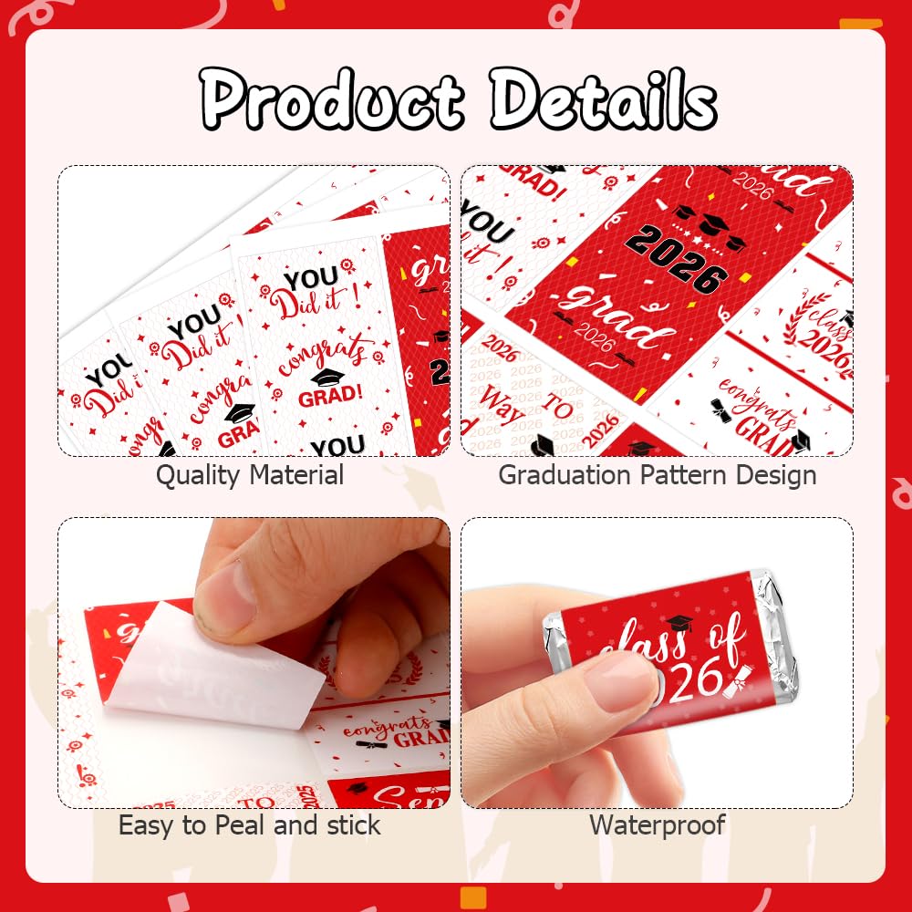 Graduation Party Decoration 2026 Graduation Label Stickers, 120 PCS Congrats Grad Mini Red White Candy Wrappers Class of 2026 Chocolate Bar Sticker