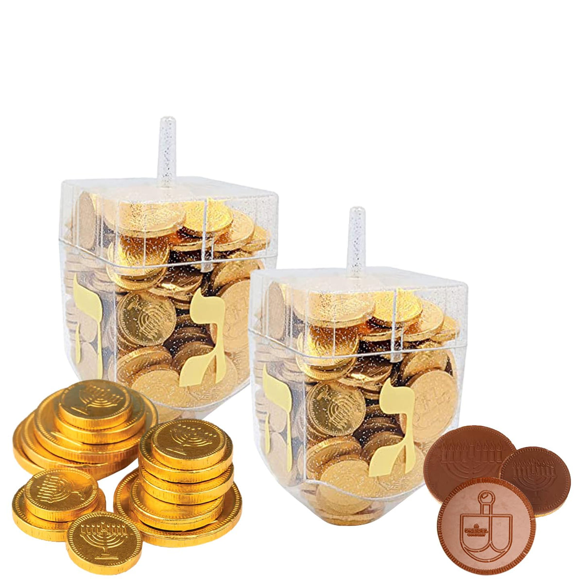 The Dreidel Company 6-Pack Dreidel Filled with Hanukkah Chocolate Gelt Coins with Menorah and Dreidel Design Kosher 6 Dreideld Filled with Ten Coins