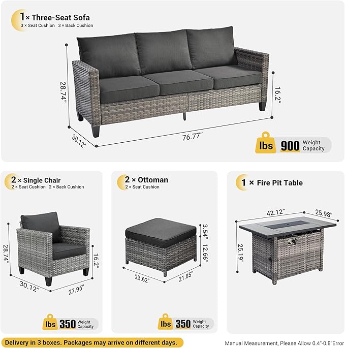 ovios 6 Pieces Patio Furniture Set with 42" Fire Pit Table, Outdoor Wicker Sofa with Comfy Cushions, All Weather High Back Rattan Couch Conversation Set, Black