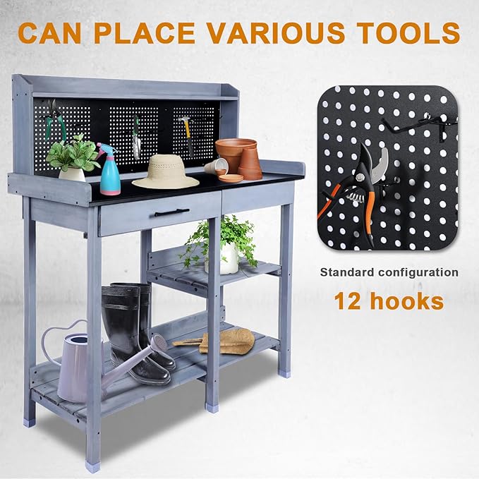 Outdoor Potting Bench Table,Garden Work Bench Metal Tabletop Horticulture with Shelf Rack Wooden Potting Benches for Outside with Holey Board/Hooks/Pads/Drawer/Adjustable and Cabinet,Gray