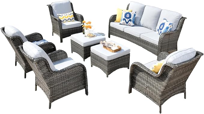 ovios 7 Pieces Patio Furniture Set, Outdoor Wicker Sofas with 4 Chairs, Ottomans and Comfy Cushions, All Weather High Back Couch Set for Deck Porch, Grey Rattan, Grey