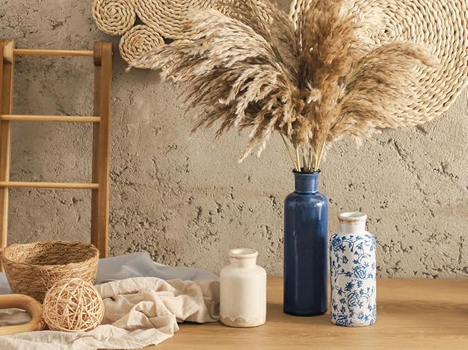 Ceramic Vintage Vases Set of 3, Blue and White Flower Decorative Vase Chinoiserie Decor Rustic Farmhouse Retro Floral Vases for Table Bookshelf Mantel Kitchen Living Room Office