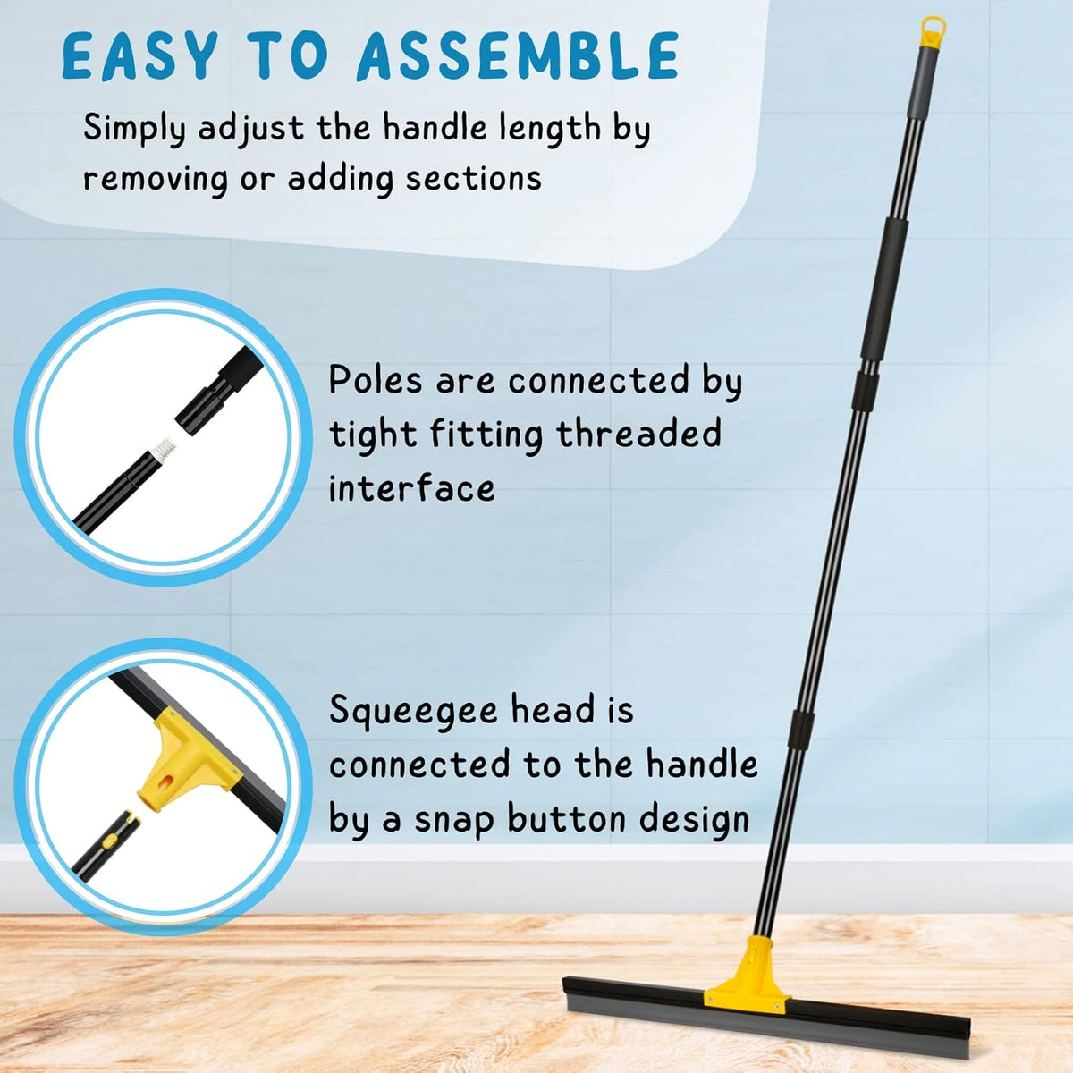 Floor Squeegee for Concrete and Tile Cleaning, 24'' Rubber Wiper Broom, Large Heavy Duty Water Scraper with 60'' Long Handle for Garage, Deck, Bathroom, Shower Glass, Window
