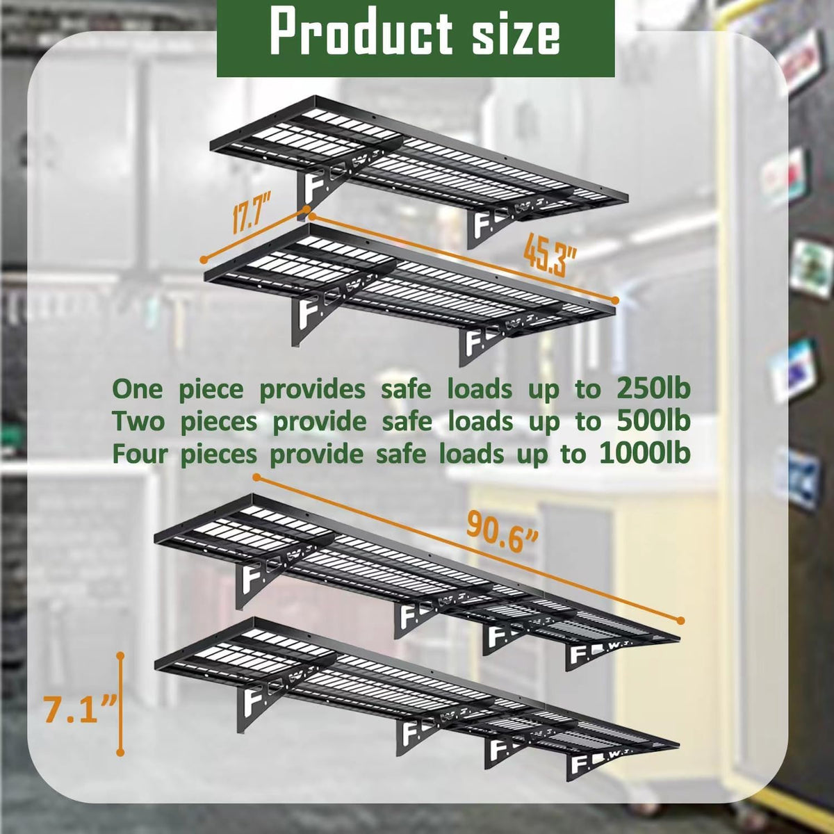 4 Pack Garage Wall Shelving, Heavy Duty 1.5' x 3.8' Wall Mount Storage Shelf with Hooks, Garage Storage Rack Floating Shelves, Holds 250 lbs Each