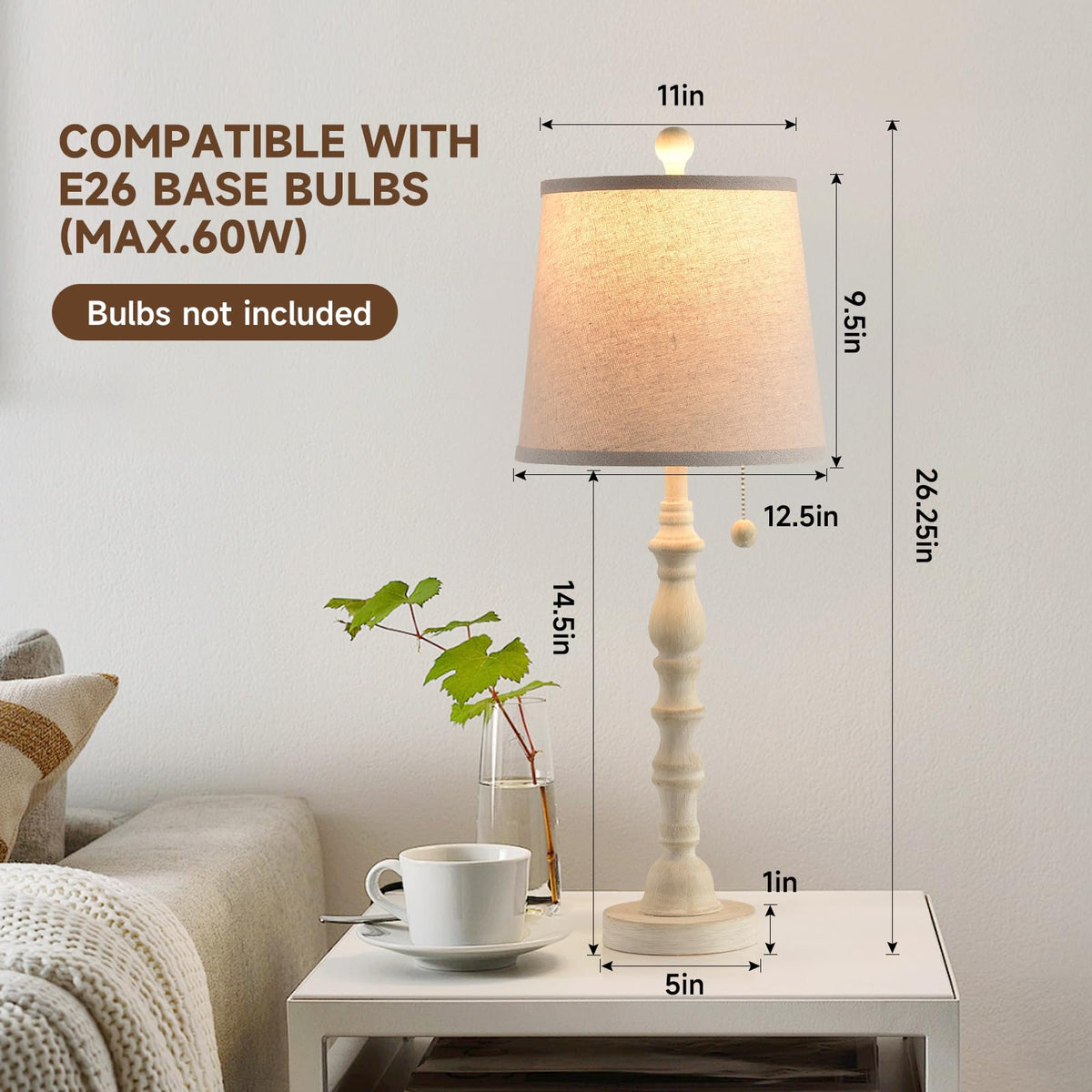 Terpsichore Lamps for Living Room Modern Farmhouse Table Lamp Bedside Reading Lamps Set of 2 Night Stands Bedroom Night Lamp,with Fabric Lamp Shade (White, High 26.25 Inch)