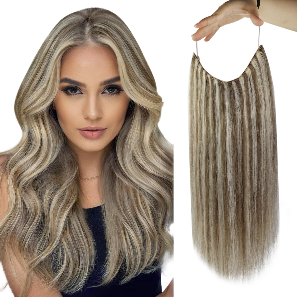 Fshine Invisible Wire Human Hair Extensions Ash Brown Highlighted Platinum Ash Blonde One Piece Clip In Hair Extensions Real Hum