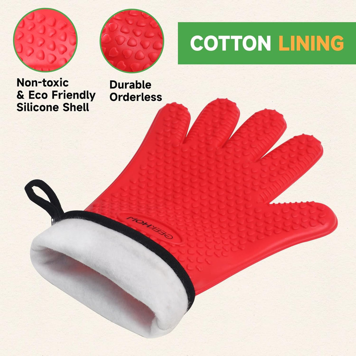GEEKHOM BBQ Gloves Heat Resistant Oven Mitts - Silicone Grilling Gloves with 13.7" Arm Protection - Waterproof Pot Holder Non-Slip for Men & Women, Kitchen Outdoor Cooking, Baking, Camping, Red