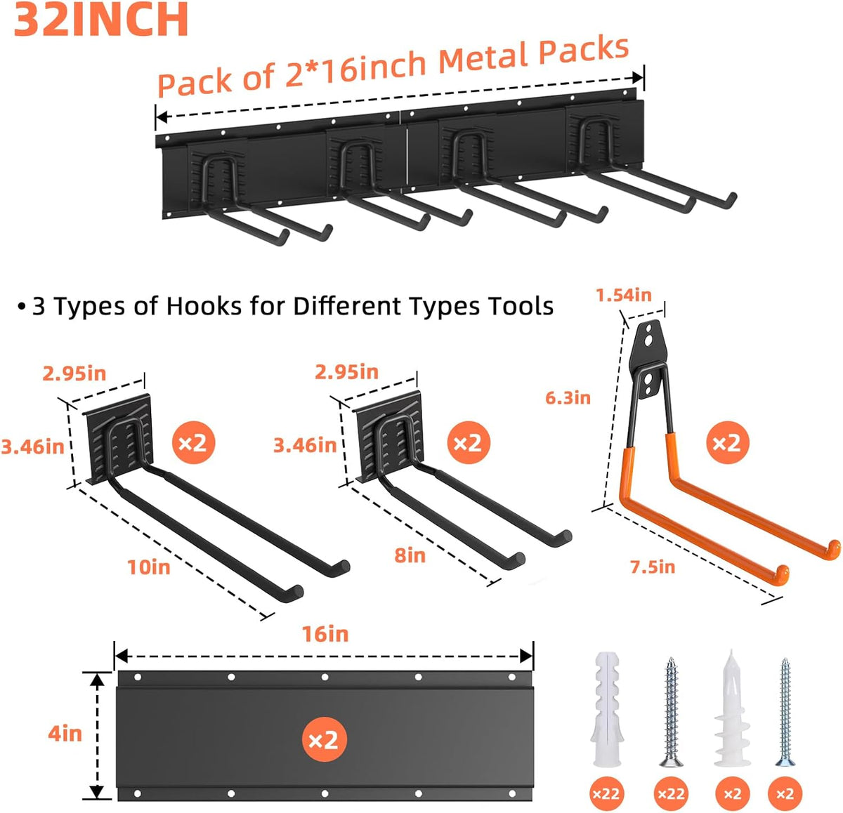 Garage Storage, Ultimate Wall-Mounted Garage Organizer for Men 32Inch, Heavy Duty 330lbs Tool Rack with Adjustable Metal Hooks Yard, Shed & Workshop Storage for Tools, Bikes, Snowboards Gift