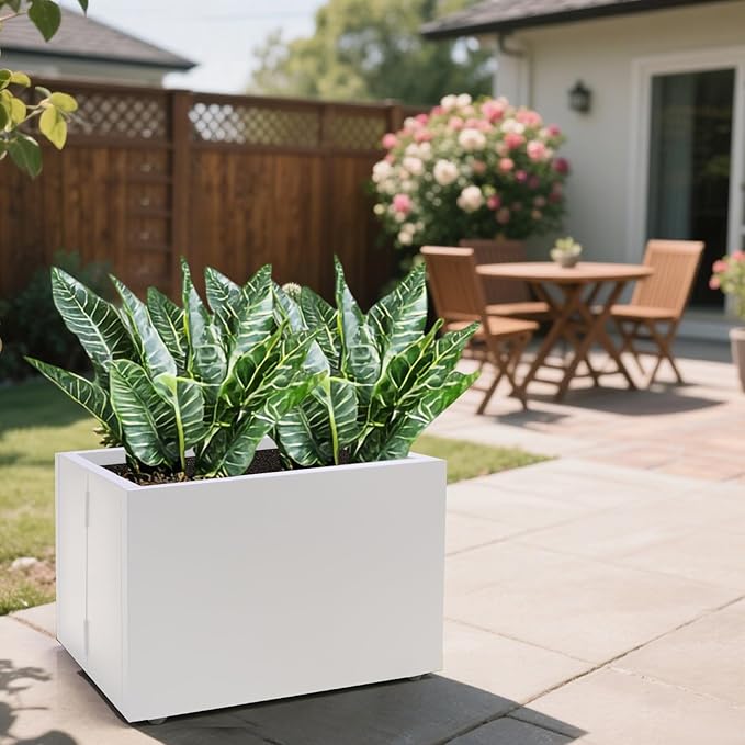 Metal Planter Box Rectangular Block-No Installation Required Galvanized Steel Long Box Planter Modern Outdoor Planters All-Weather Use with Drainage Holes for Patio/Porch,16 ×12×12IN(White)