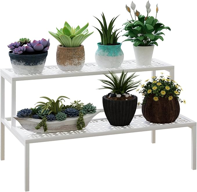 aboxoo Metal Plant Stand Metal 2 Tier Potted Multiple Flower Pot Holder Plant Shelf Indoor Plants Multiple,Outdoor Heavy Duty Planter Display Shelving Unit for Patio Garden Corner Balcony,Living Room(White)